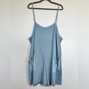 Light Slate Blue Romper with Striped Pockets, Size 1X